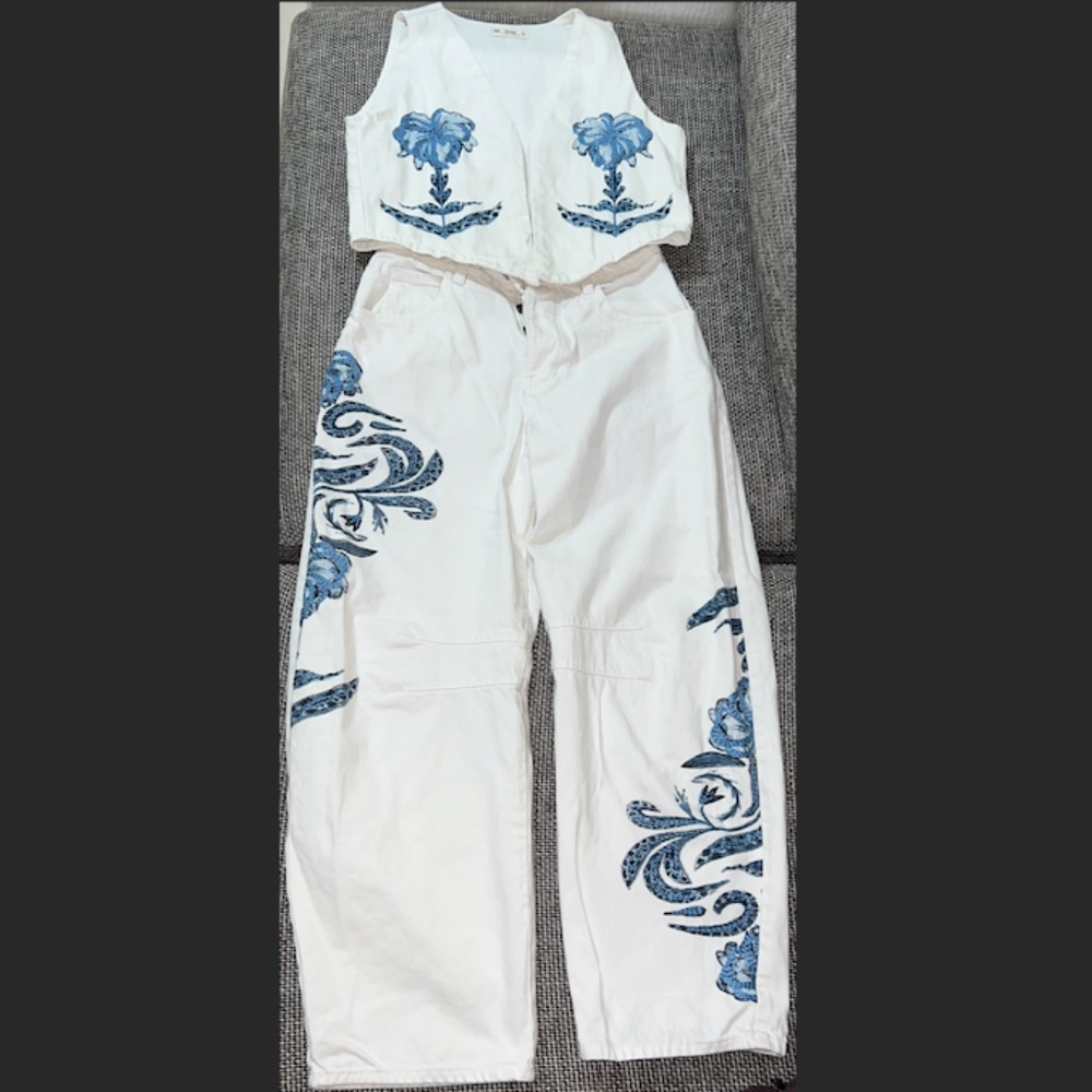 TNS Two-Piece Denim Set Vest Barrel Jeans Floral S